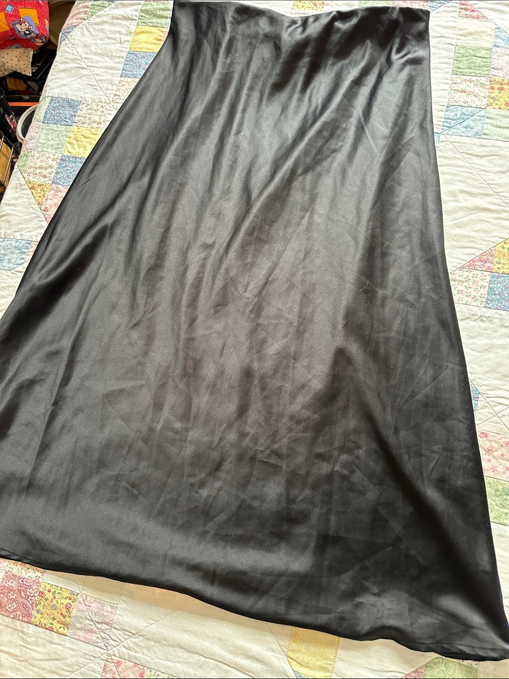W—Revamped Black Satin Skirt with Elastic Waistband
